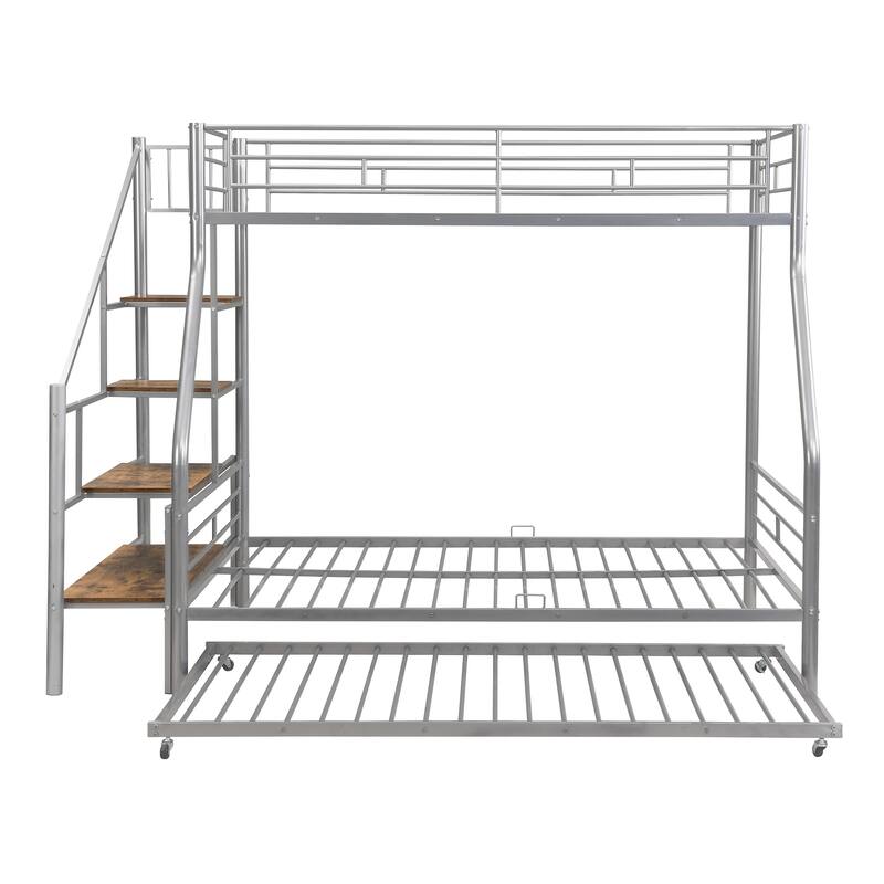 Twin Over Full Size Metal Bunk Bed with Trundle & Storage Staircase, Bedroom Heavy Duty Bed Frame with Full-Length Guardrail