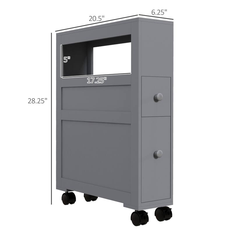HOMCOM 6.25" x 20.5" x 28.25" Wood Rolling Narrow Bathroom Side Storage Cabinet - Gray