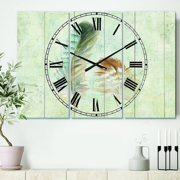 slide 2 of 6, Designart 'Natural Feathers on Wood I' Cottage 3 Panels Large Wall CLock - 36 in. wide x 28 in. high - 3 panels