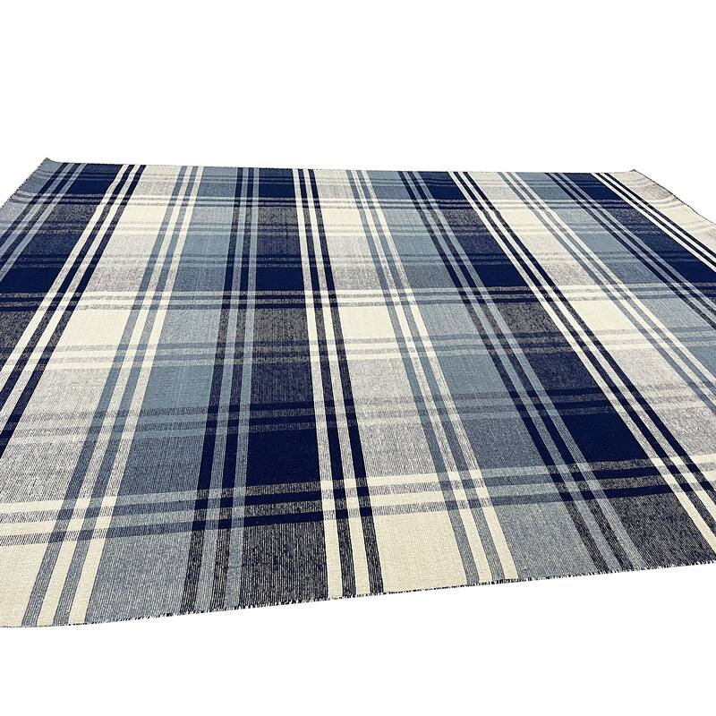 Home Decor EORC Hand-Woven Wool Plaid Rug, Blue Stylish and Durable Area Rug for Adding Comfort and Texture to Your Living Room