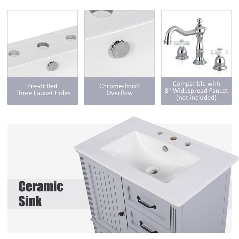 30" Bathroom Vanity with Ceramic Sink Combo, Freestanding Bathroom Vanity Cabinet with 1 Door and 3 Storage Drawers