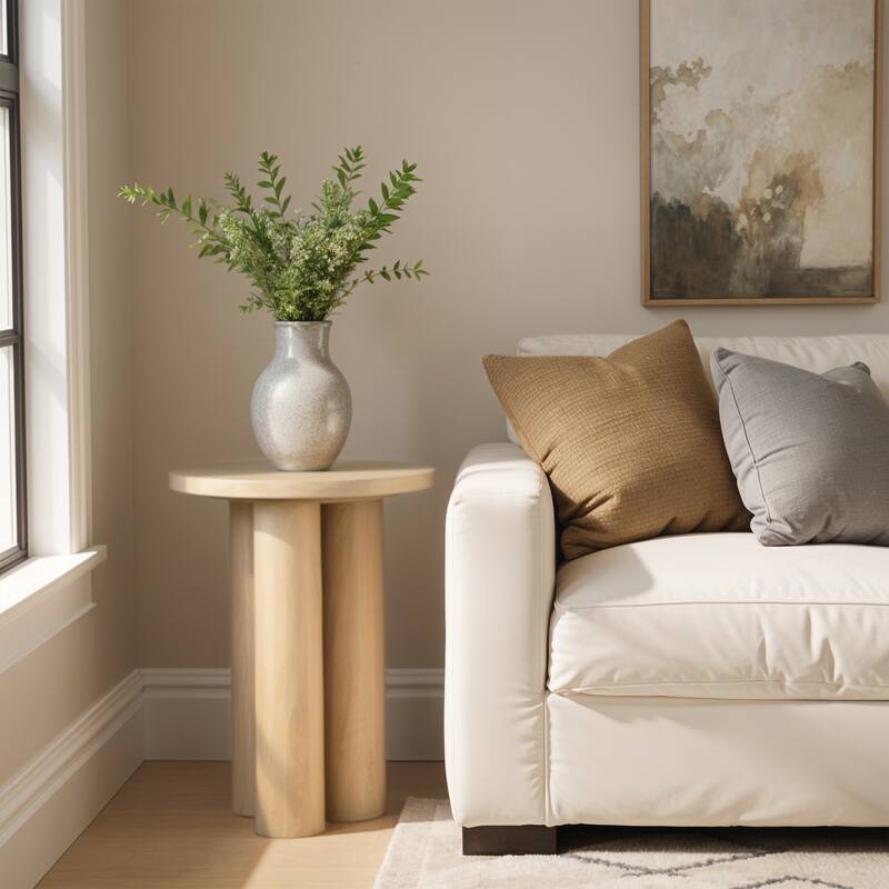 Hazel Side Table with 3 Pillar Legs, Handcrafted Natural Brown Mango Wood, 17.7 Inch Round Top