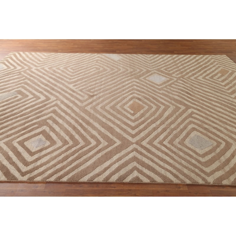 Geometric Modern Oriental Area Rug Handmade Wool Carpet - 8'11" x 11'8"