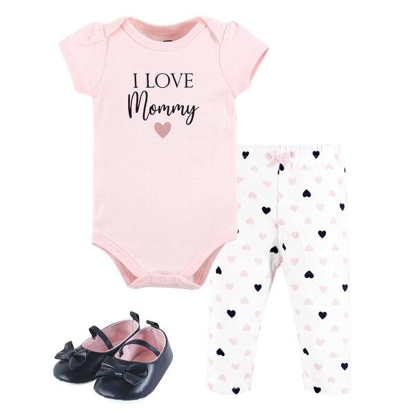 slide 1 of 1, Hudson Baby Infant Girl Cotton Bodysuit, Pant and Shoe Set, Girl Mommy Pink Navy 0-3 Months - Girl Mommy Pink Navy