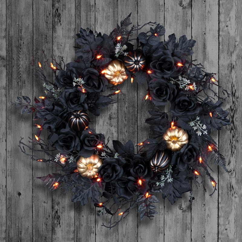 National Tree Company 24" Artificial Chic Eek Black and Gold Halloween Wreath, 40 Orange LED Lights, Battery Operated