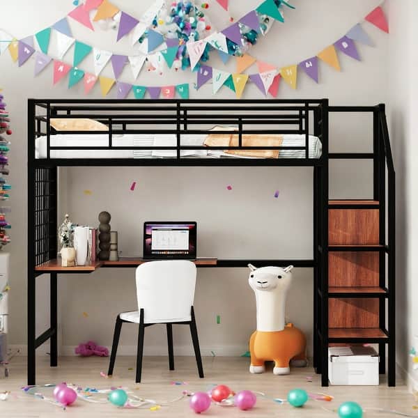 slide 2 of 12, Twin Size Metal Loft Bed with Desk and Metal Grid, Stylish Metal Frame Bed with Lateral Storage Ladder and Wardrobe Black