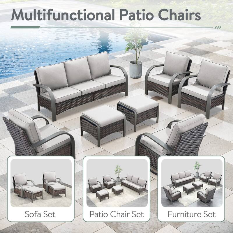 5 Pieces Patio Swivel Chair with Fire Pit Table - Beige Cushion - Brown