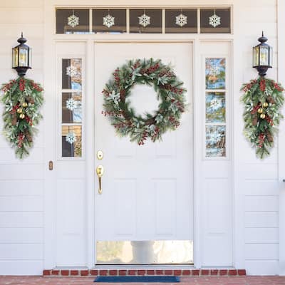 Glitzhome Christmas Berry Pinecone & Bell Teardrop Wreath Door Hanging Decor