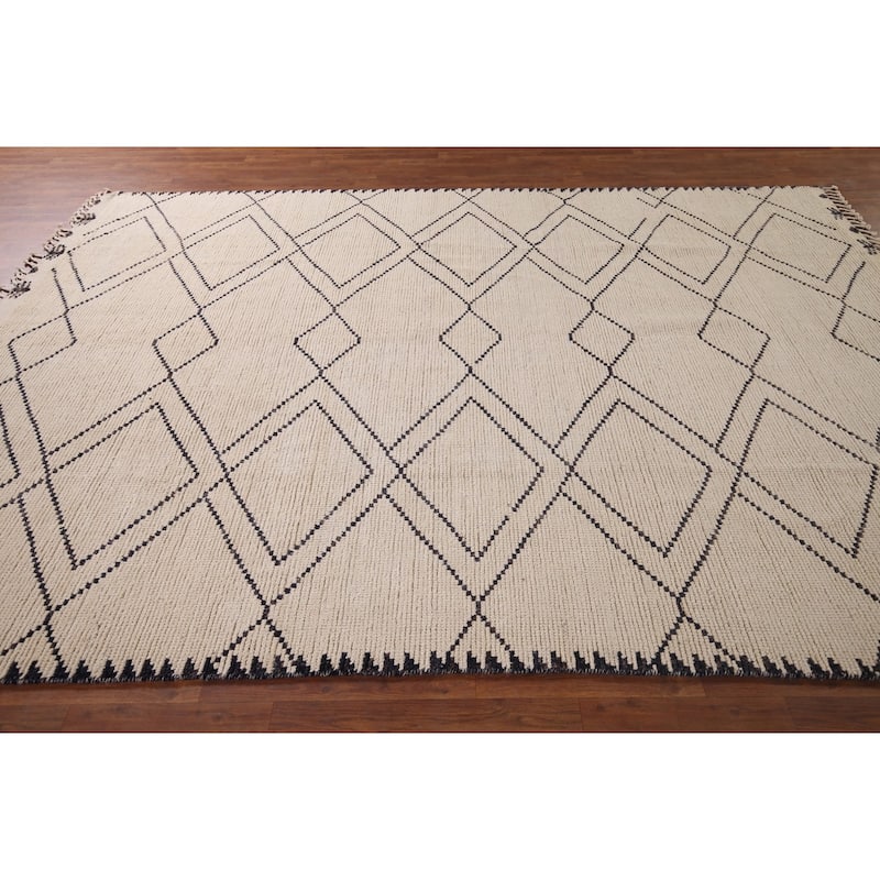 Trellis Geometric Ivory Moroccan Area Rug Handmade Wool Carpet - 7'11"x 10'9"
