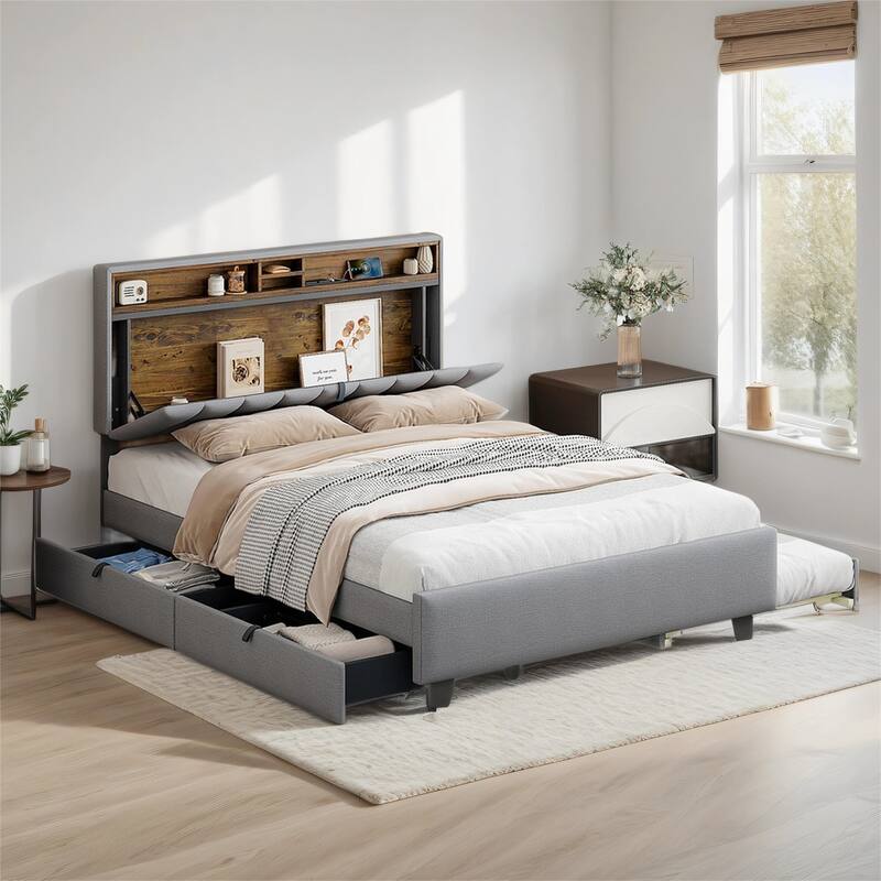 Queen size Upholstered Platform Bed w/ Twin XL Size Trundle & 2 Drawer