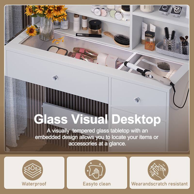 Vanity Desk with Mirror & Lights, Glass Top Dressing Table, Makeup Table with Charging Station, 2 Drawers & Cabinet
