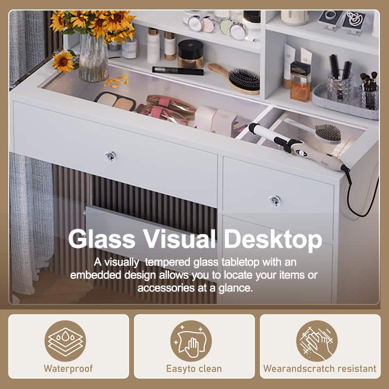 Vanity Desk with Mirror and 3 Lighting Modes, Dressing Table with 2 Drawers and Cabinet