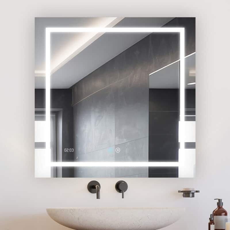 AQUADOM Daytona 30" Led Lighted Mirror for Bathroom Defogger, Digital Clock - 30"x30"x1"