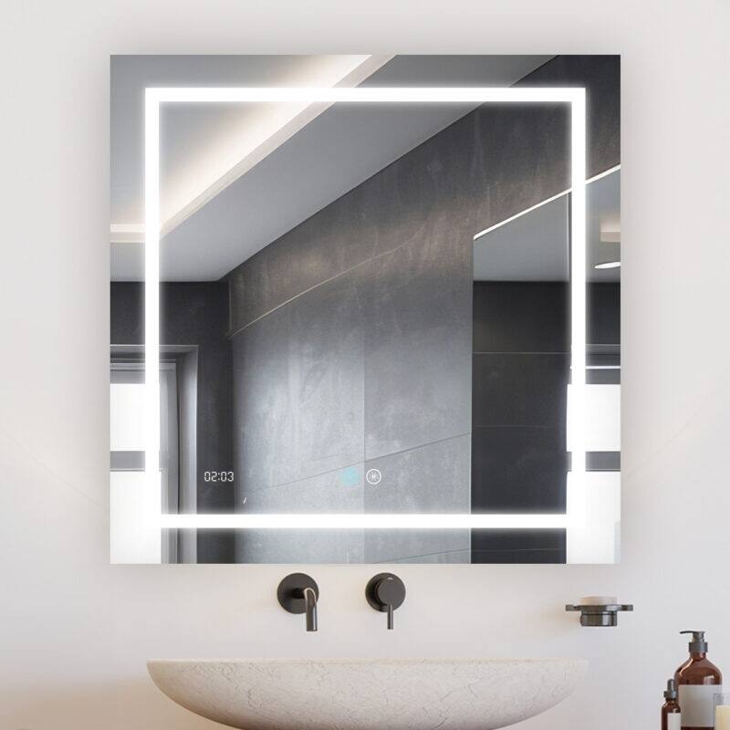 AQUADOM Daytona 30" Led Lighted Mirror for Bathroom Defogger, Digital Clock - 30"x30"x1"