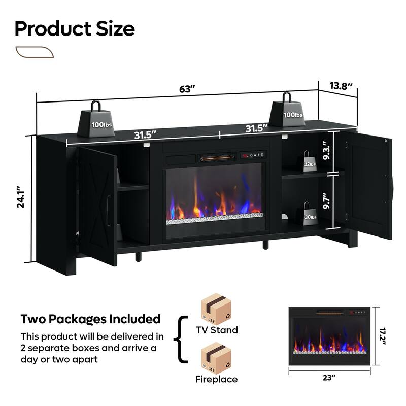 63'' Fireplace TV Stand with Electric Fireplace Heater & Storage Cabinet for TVs up to 70 Inch