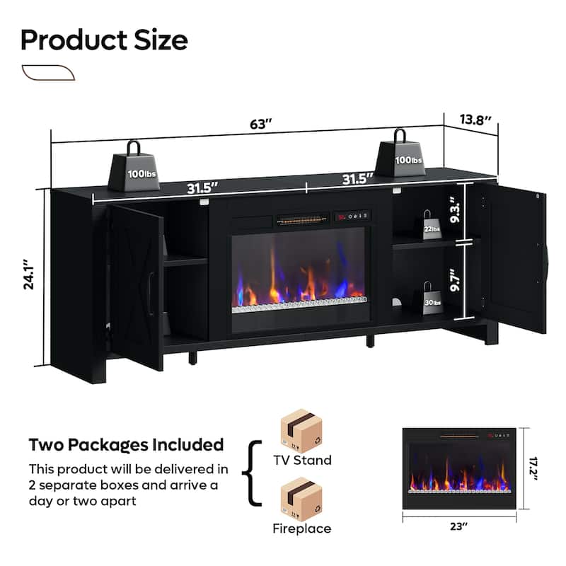 Bestier 63'' Fireplace TV Stand with Electric Fireplace Heater & Storage Cabinet for TVs up to 70 Inch