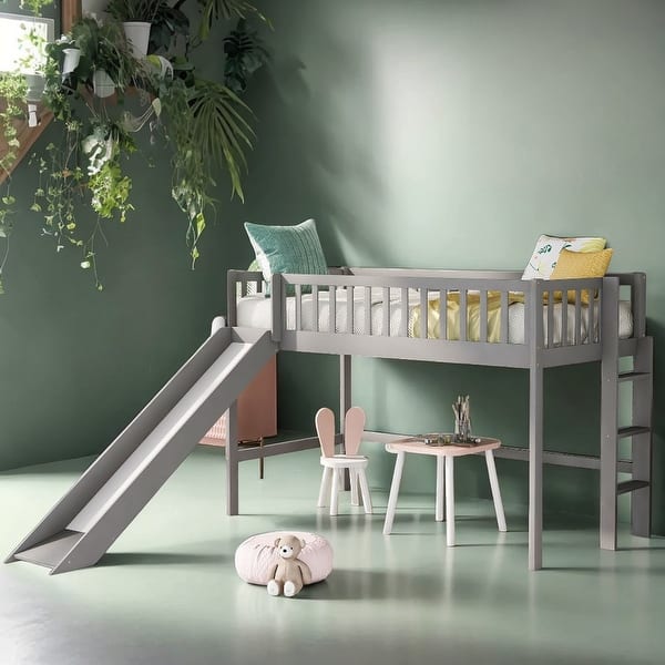 slide 2 of 28, Elegant & Contemporary Design Twin Size Low Loft Bed with Vertical Ladder and Smooth Slide, Space-saving, Long-time Use, Gray Grey