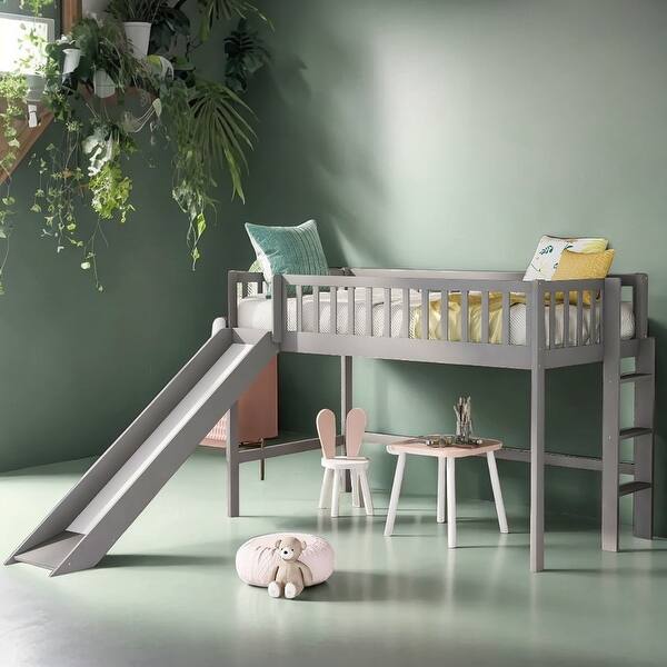 slide 2 of 28, Twin Size Low Loft Bed with Ladder and Slide, Space-saving, Gray Grey