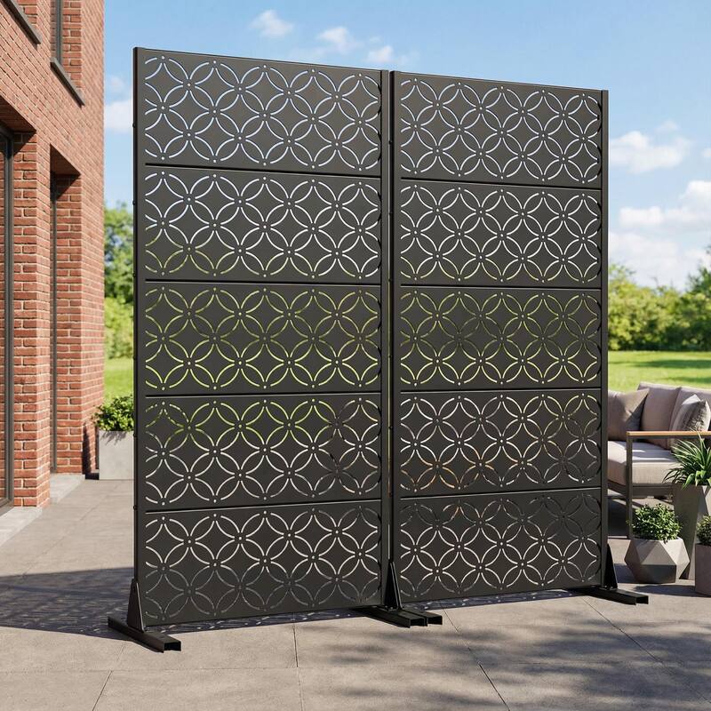 Privacy Metal Screen Fence Panel Horizontal Stripe Pattern Set of 2 - Black - 59"x30"
