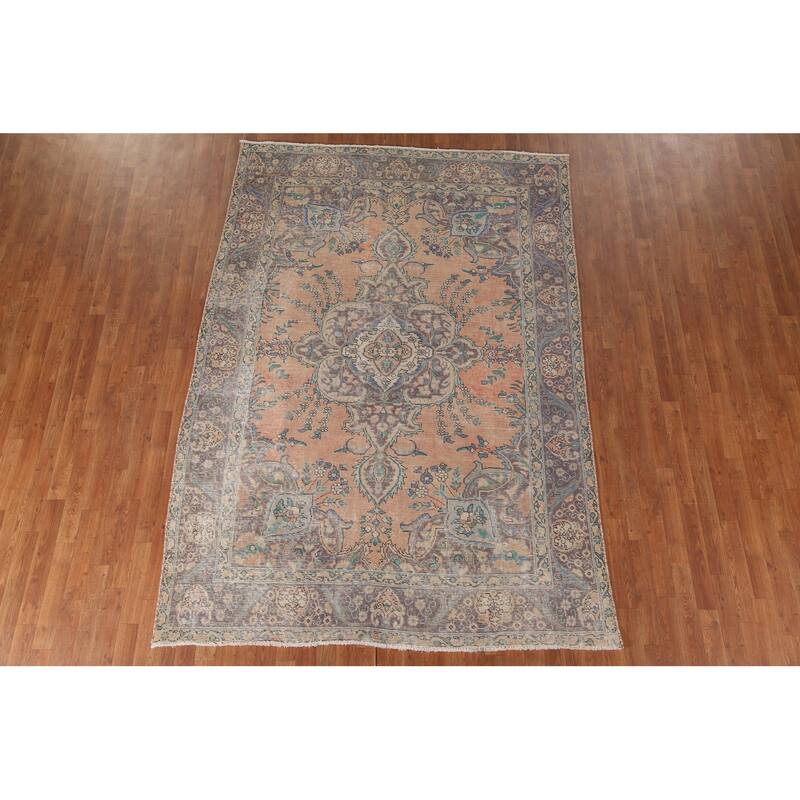 Distressed Tabriz Persian Vintage Rug Handmade Bedroom Wool Carpet - 6'5" x 9'3"