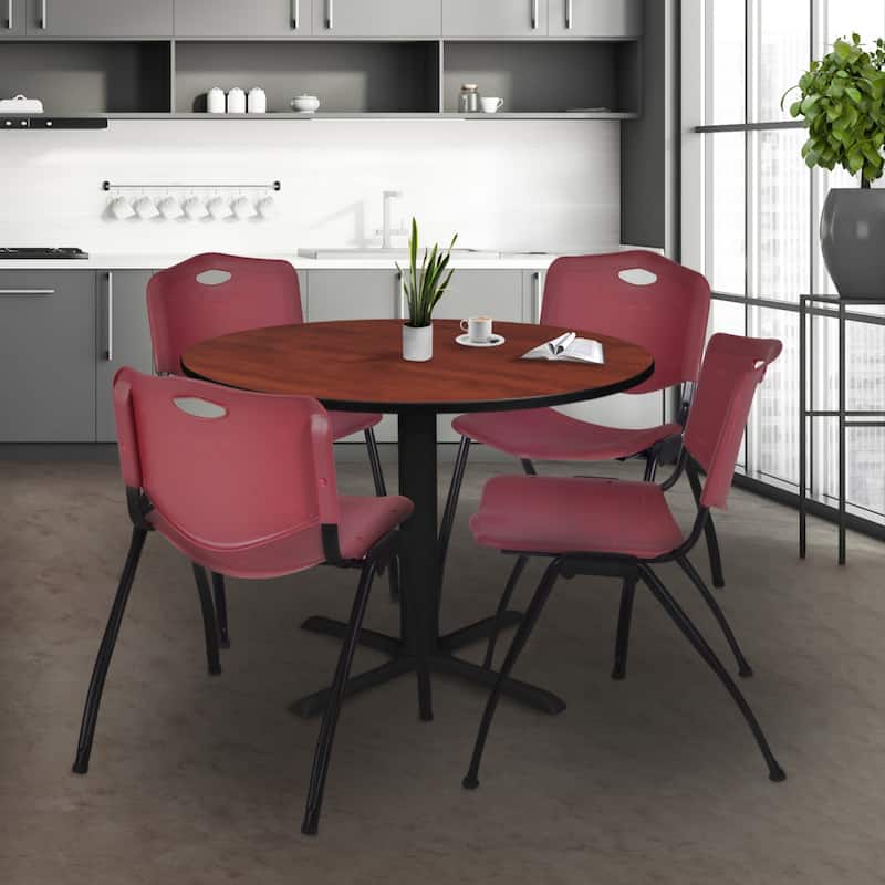 48" Round Breakroom Table- Cherry & 4 'M' Stack Chairs- Burgundy - Burgundy, Cherry - 48