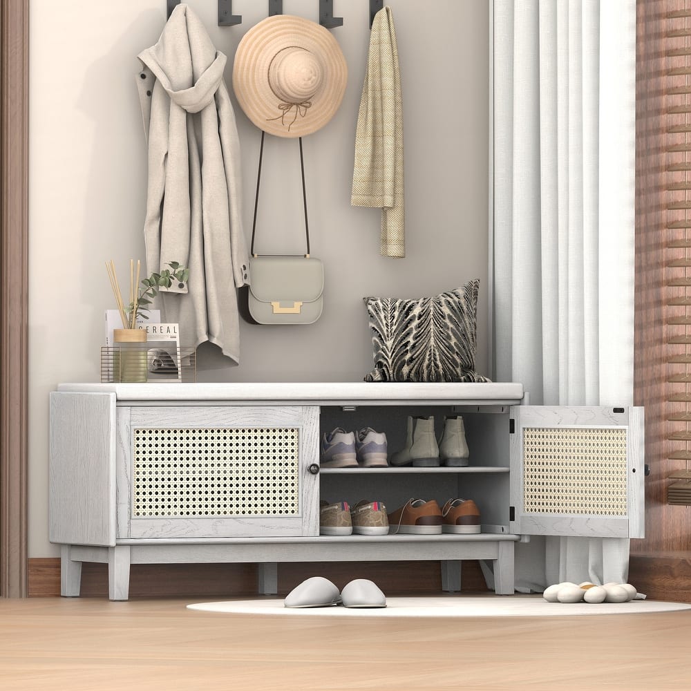Rattan Entryway Bench with Storage, Cushioned Shoe Bench with Double Doors