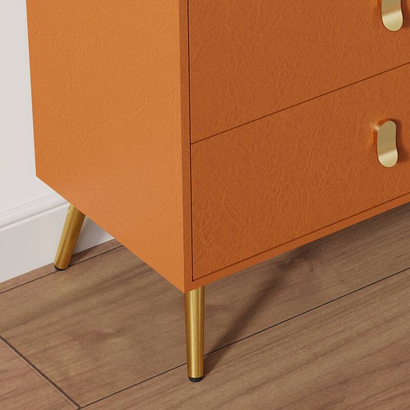 6 Drawer Dresser with Leather Pattern Drawers Faux Marble Top Dresser Gold Handles for Bedroom