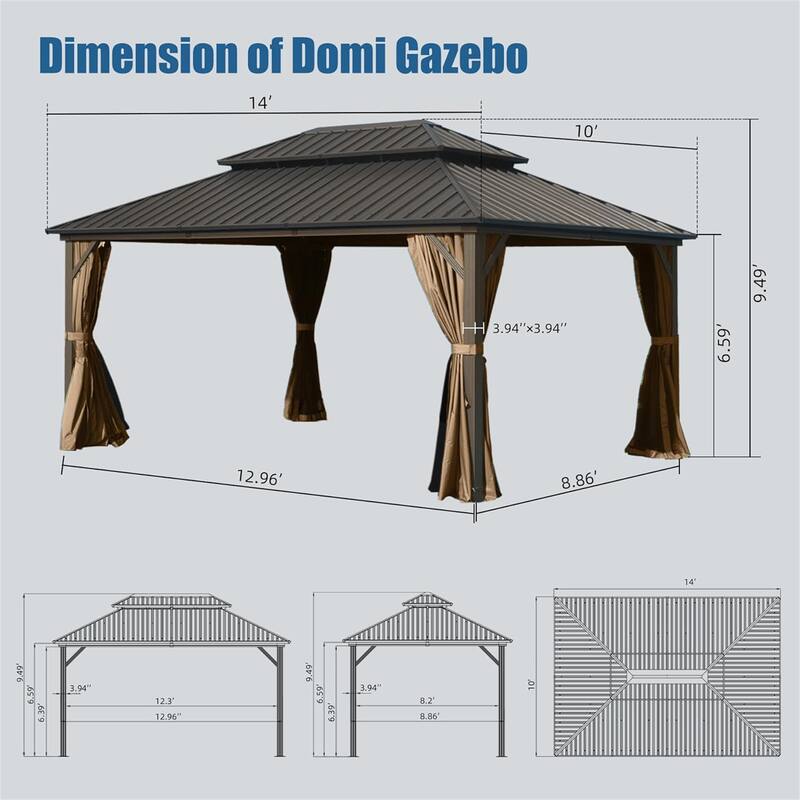 10' X 14' Aluminum Hardtop Gazebo with Double Roof, Curtain, and Netting for Outdoor Use