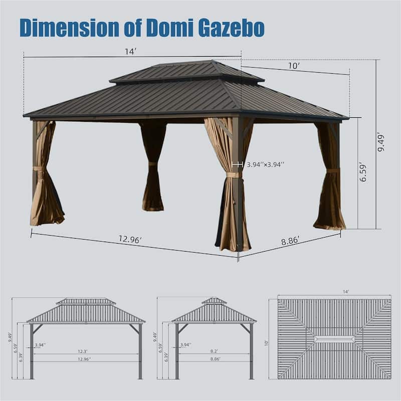 10' X 14' Aluminum Metal Gazebo with Galvanized Steel Double Roof Canopy