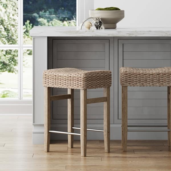 slide 2 of 29, Harvey Rattan Bar Stool, Bohemian Counter Height Stool with Woven Seagrass Seat, Solid Wood Legs, and Metal Footrest Single - Seagrass/Brushed Gray