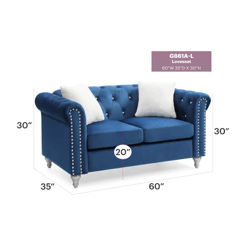 Velvet Upholstered Loveseat Sofa, Couch Settee with Round Arms, 2 Seater Sofa with 2 Throw Pillow and Nailhead Decoration - Navy Blue
