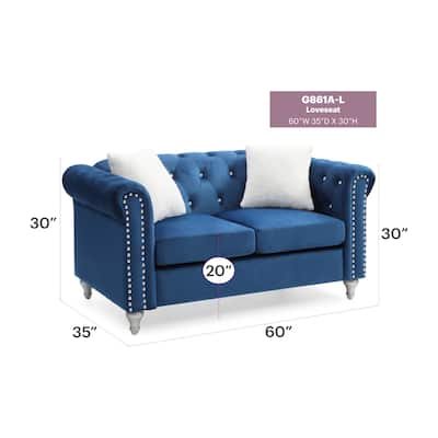 Velvet Upholstered Loveseat Sofa, Couch Settee with Round Arms, 2 Seater Sofa with 2 Throw Pillow and Nailhead Decoration