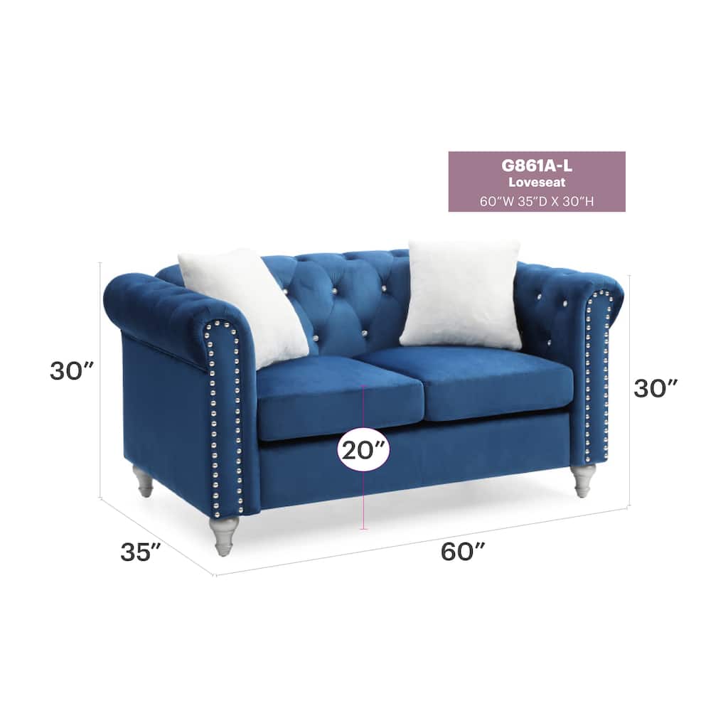 Velvet Upholstered Loveseat Sofa, Couch Settee with Round Arms, 2 Seater Sofa with 2 Throw Pillow and Nailhead Decoration