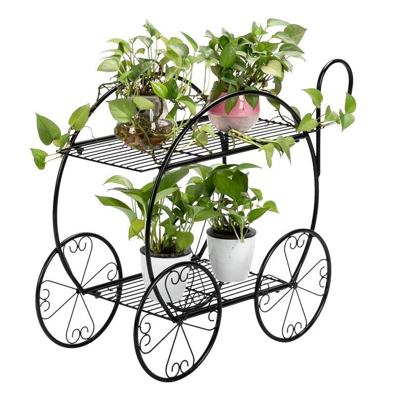 Modan 2-tier Handle Cart Shape Black Iron Plant Stand by Havenside Home