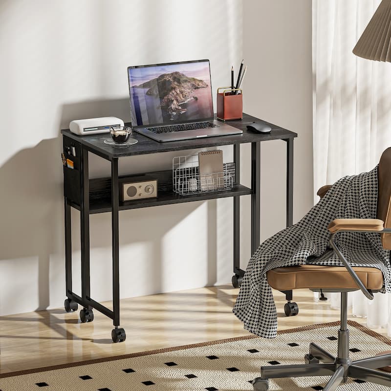 Mobile Foldable Desk with Storage Shelf and Drop-Leaf Design for Narrow Spaces and Home or Office