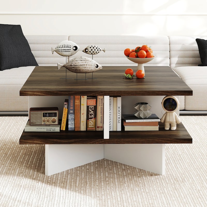 Stylish 2-Tier Multi-Functional Coffee Table with Storage Shelves and Cross-Shaped Base for Home Use - 24" x 24" x 13"