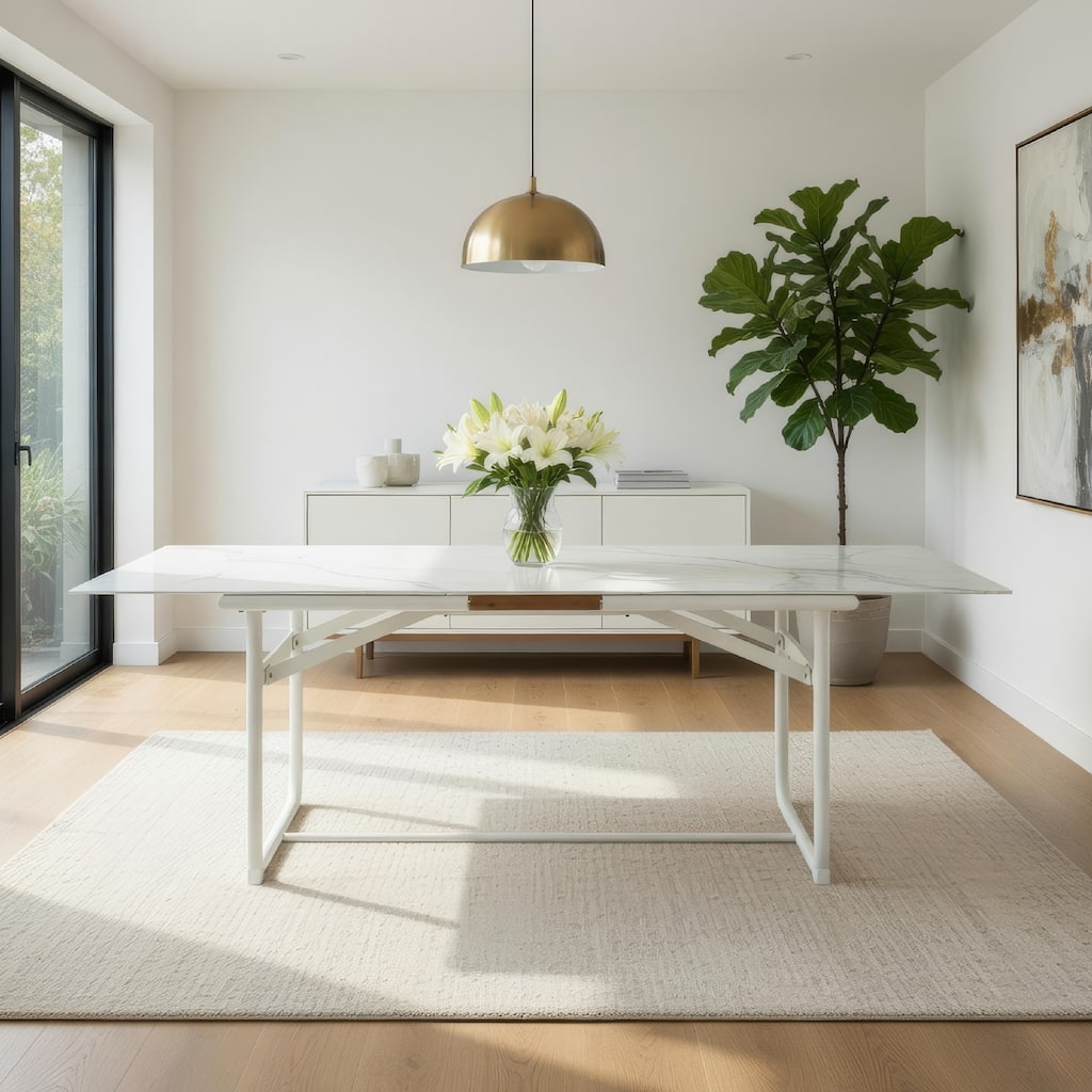 Shia 87 Inch Dining Table, Ceramic Surface, Crisp White Aluminum Frame