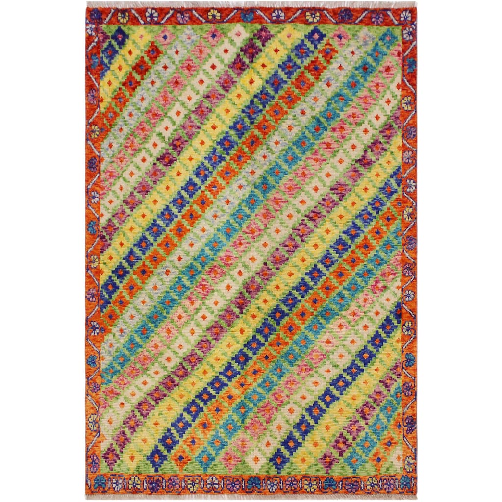 Eclectic Balochi Vargas Green/Orange Hand Knotted Wool Rug - 4'9'' x 6'6''