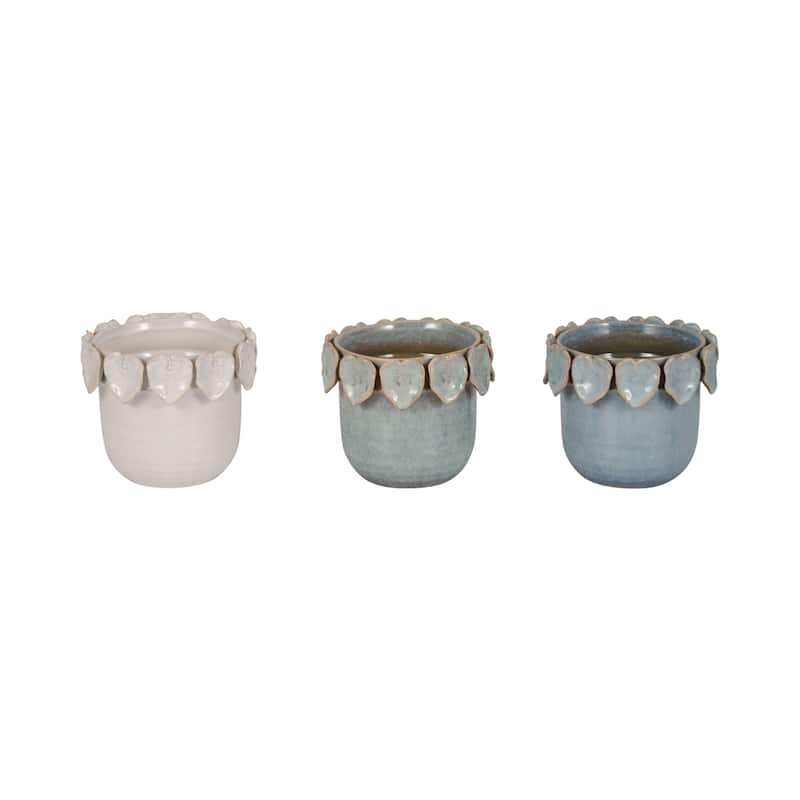Stoneware Ceramic Planter Handcrafted Sculpted Leaf Embellishments