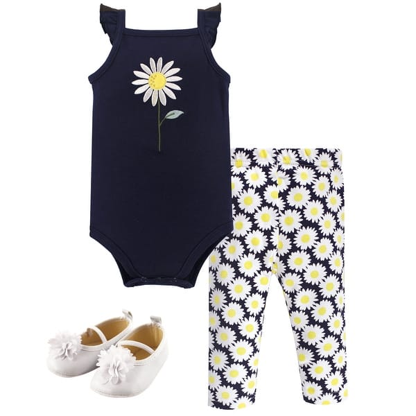 slide 1 of 1, Hudson Baby Infant Girl Cotton Bodysuit, Pant and Shoe 3pc Set, Daisy 0-3 Months - Daisy