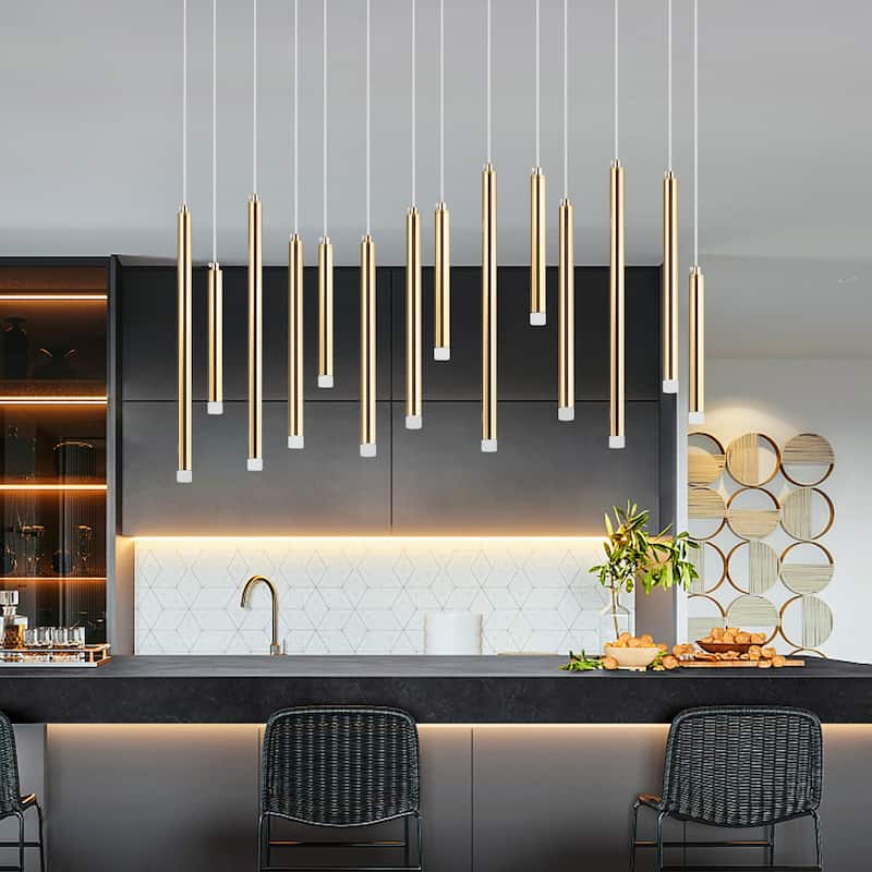 14 Light Linear LED Integrated in Black or Gold Cluster Chandelier, Luxury Kitchen Island Dining Room Pendant