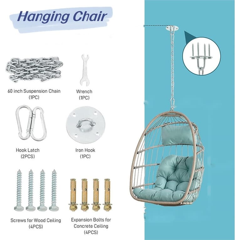 Egg Chair Outdoor Without Stand Indoor,Wicker Rattan Hammock Egg Porch Swing with Cushions for Bedroom Patio Balcony
