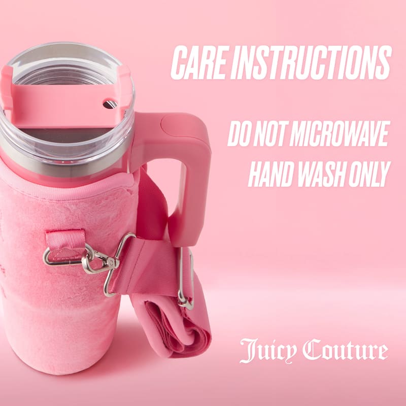 Juicy Couture Jetsetter Hydration Stainless Steel Tumbler with Handle, Straw & Topper with Velour Crossbody Pouch