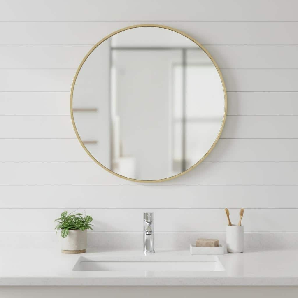 HomeRoots 24" Gold Metal Round Framed Bathroom Vanity Mirror - 24.00 in. x 24.00 in. x 1.30 in.
