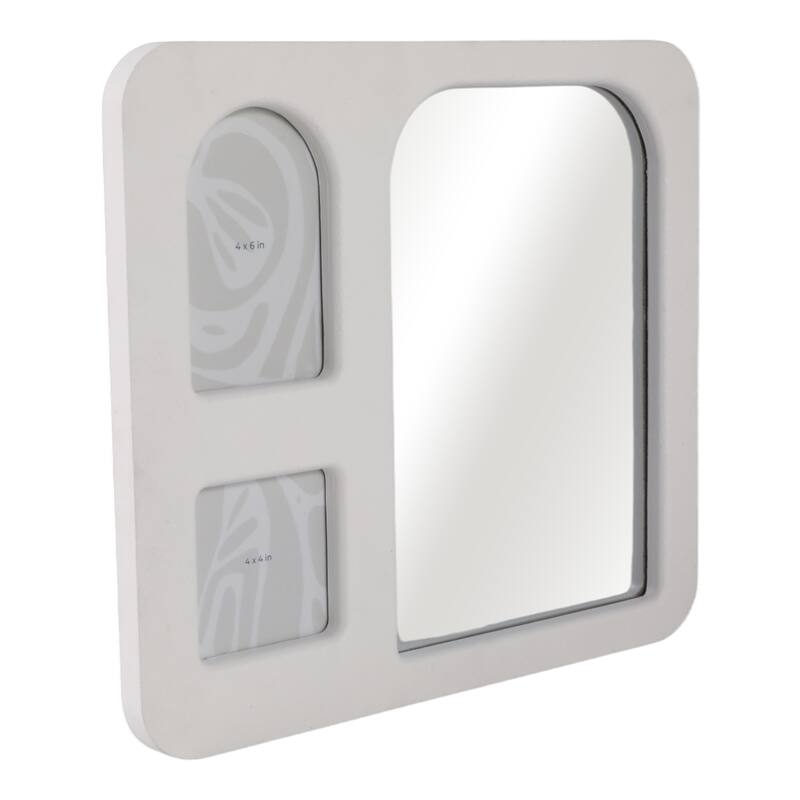 Wood Glass Frame Mirror and 2 Photos Collage Textured - 14" Ivory