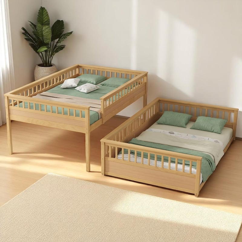 Convertible Twin XL Over Queen Size Bunk Bed with Safety Rails, Ladder and Wood Slats, No Box Spring Needed