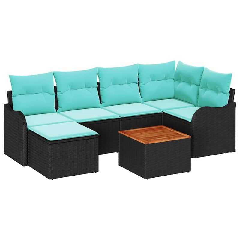 vidaXL 7 Garden Sofa Set with Cushions Black Poly Rattan - 91.5 x 48.2 x 27.2