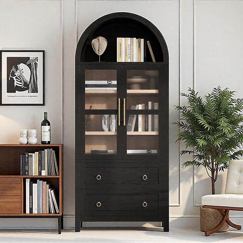 Spruce & Spring 71" Tall Modern Arched Bookcase Bookshelf with 2 Drawers