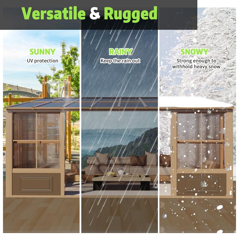 Erommy Outdoor Solarium Sunroom, Patio Hardtop Gazebo, Aluminum Frame Permanent Gazebo with Sliding Doors and Screens