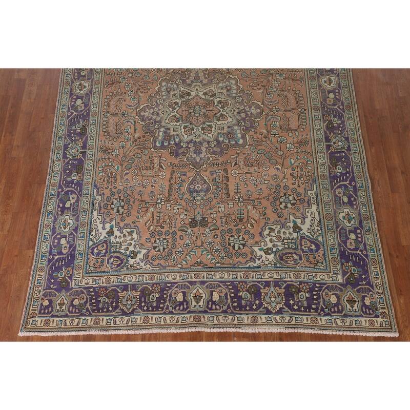 Floral Coral Tabriz Persian Vintage Area Rug Handmade Wool Carpet - 6'9"x 9'10"